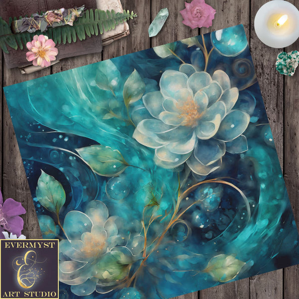 Blue Flower Altar Tarot Cloth Flowers Pagan Witch Decor Decoration Floral Wicca Reading Mat Square