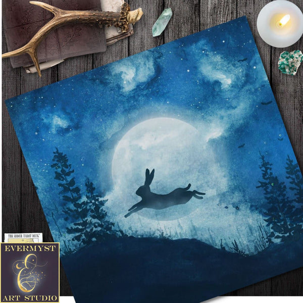 Blue Hare Moon Altar Cloth - Ostara Cottage Tarot Mat With Bunny Rabbit Decor Square