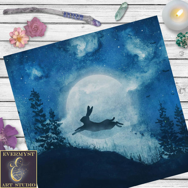 Blue Hare Moon Altar Cloth - Ostara Cottage Tarot Mat With Bunny Rabbit Decor Square