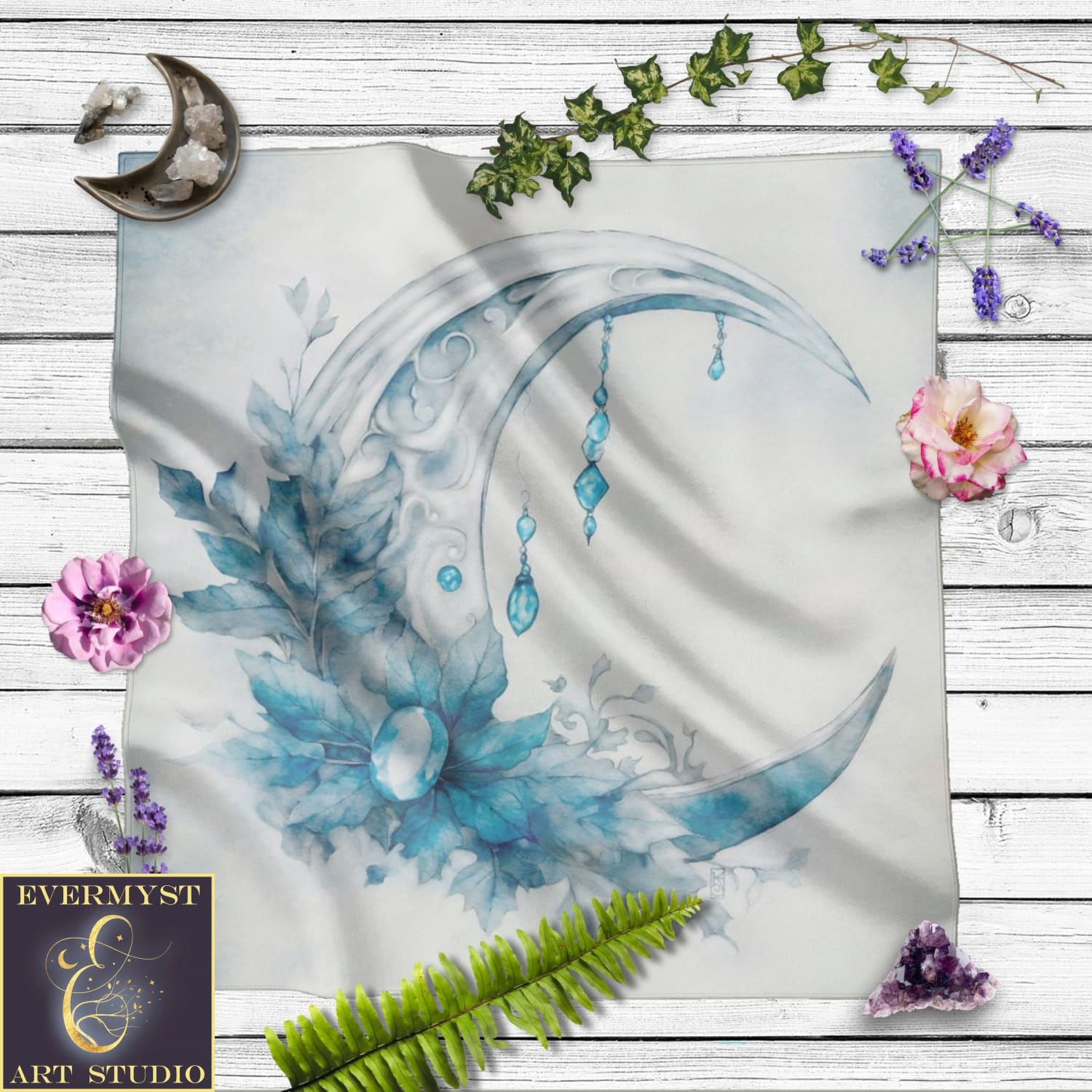 a painting of a crescent and flowers on a sheet of paper