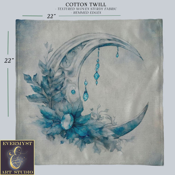 a blue and white painting of a crescent and flowers