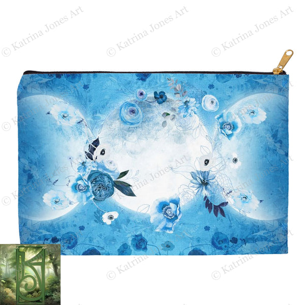Blue Triple Moon Flowers Accessory Pouches Vintage Design Witch Wicca Pagan Decor Zippered Tarot