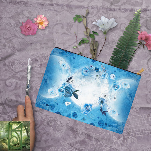 Blue Triple Moon Flowers Accessory Pouches Vintage Design Witch Wicca Pagan Decor Zippered Tarot