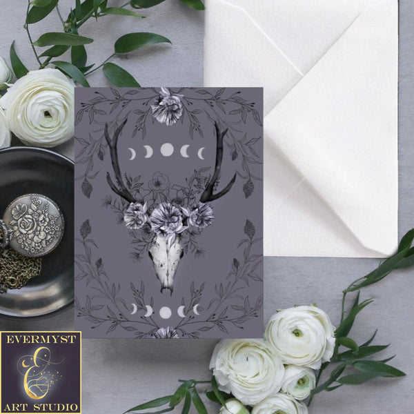 Boho Floral Skull Greeting Card Witch