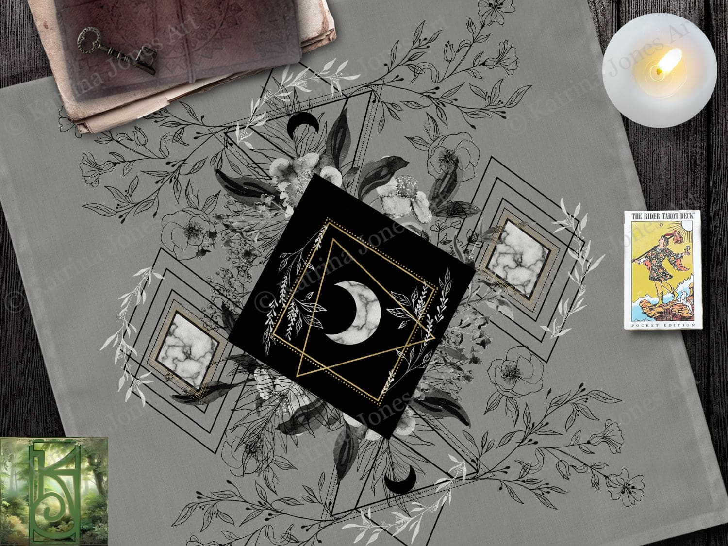 Tarot And Crystal Cloth - Grey Botanical Moon Altar Decor Square