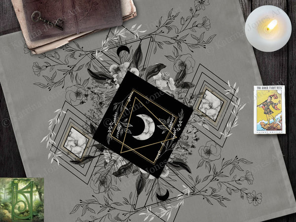 Tarot And Crystal Cloth - Grey Botanical Moon Altar Decor Square