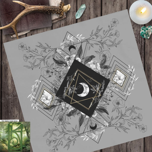 Tarot And Crystal Cloth - Grey Botanical Moon Altar Decor Square