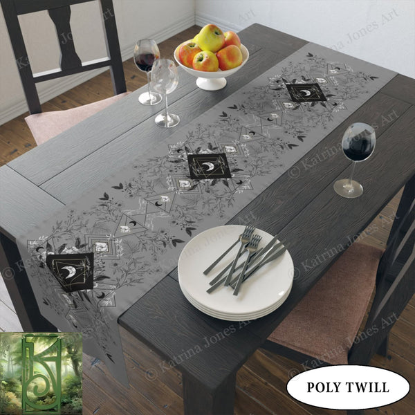 Botanical Grey Moon Table Runner - Witchy Vibe Home Decor Altar Cloth For Display