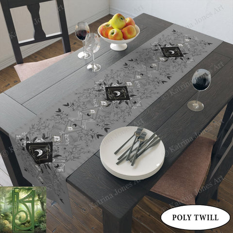 Botanical Grey Moon Table Runner - Witchy Vibe Home Decor Altar Cloth For Display