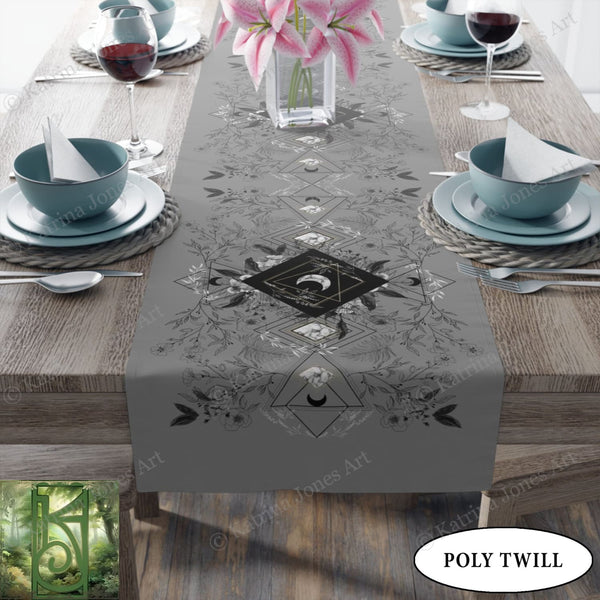 Botanical Grey Moon Table Runner - Witchy Vibe Home Decor Altar Cloth For Display