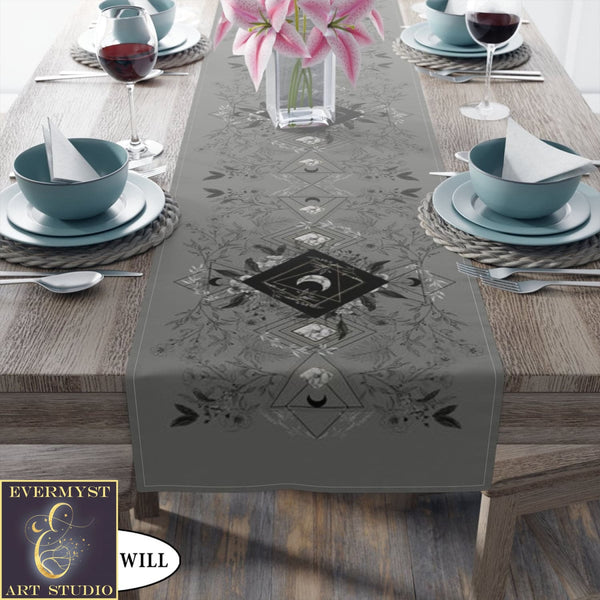 Botanical Grey Moon Table Runner - Witchy Vibe Home Decor Altar Cloth For Display