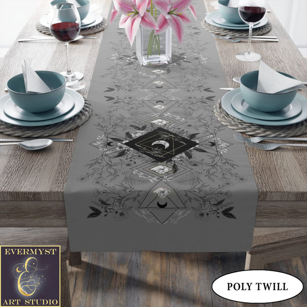 Botanical Grey Moon Table Runner - Witchy Vibe Home Decor Altar Cloth For Display