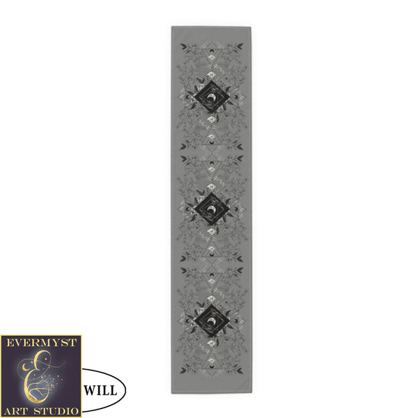 Botanical Grey Moon Table Runner - Witchy Vibe Home Decor Altar Cloth For Display