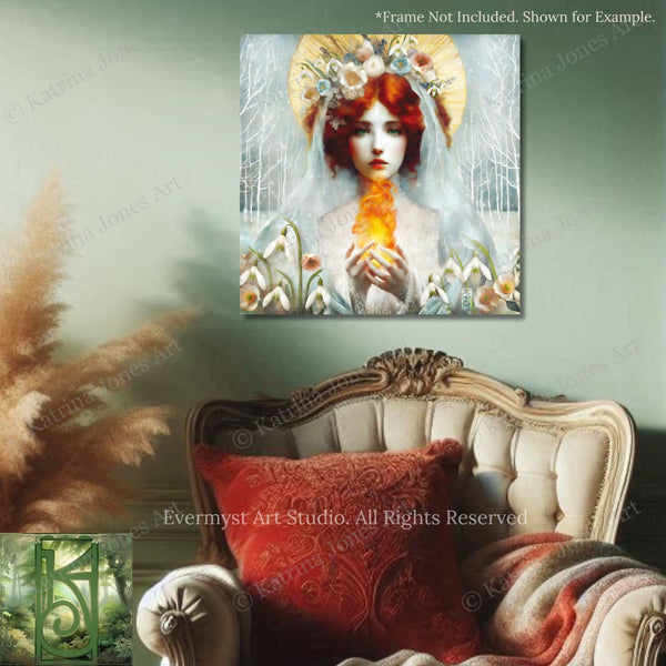 a large, ornate chair with a red pillow on it, set against a green wall. Above the chair, there is a framed artwork depicting a woman with red hair and a white dress, holding a bouquet of flowers. The artwork is framed by a gold border and is displayed on the wall.