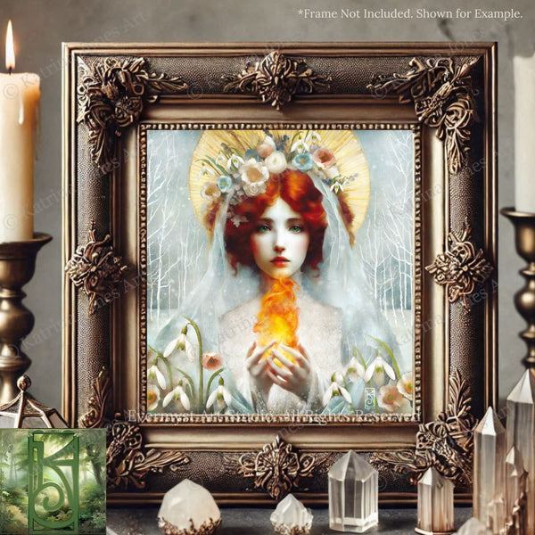 a framed painting of a woman with red hair and a white veil, holding a yellow flower, surrounded by flowers and a halo. The painting is displayed in an ornate gold frame, and there are crystal objects and candles in the background.