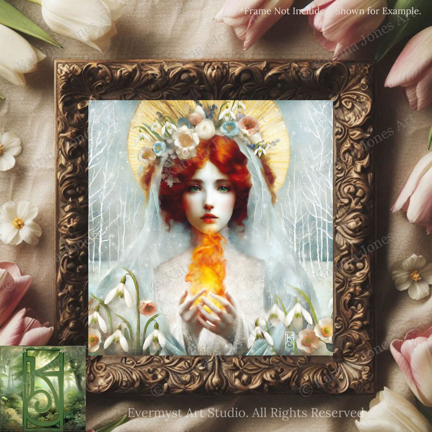 The image is a framed artwork depicting a woman with red hair and a white veil, holding a fire-like object, surrounded by flowers and a snowy landscape.