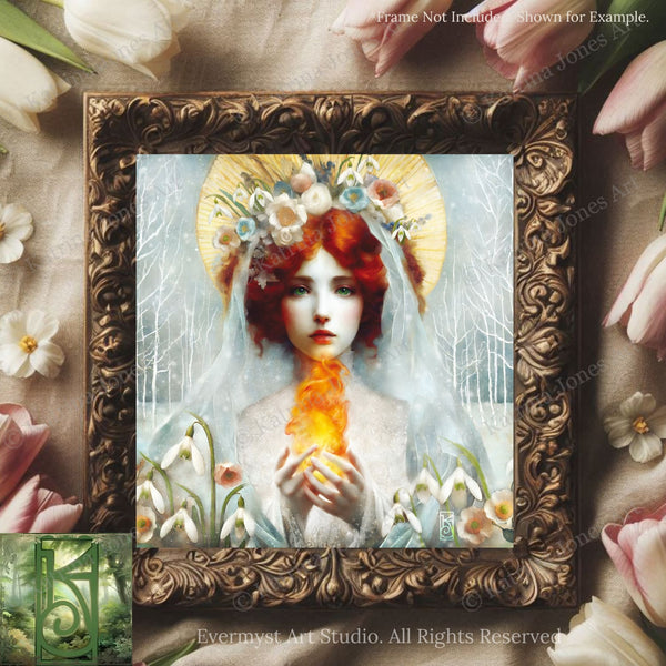 The image is a framed artwork depicting a woman with red hair and a white veil, holding a fire-like object, surrounded by flowers and a snowy landscape.