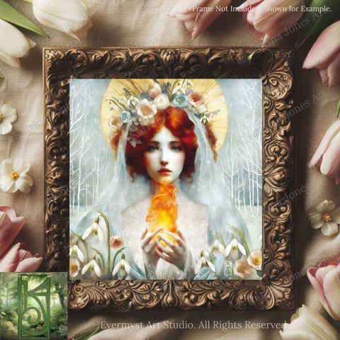 The image is a framed artwork depicting a woman with red hair and a white veil, holding a fire-like object, surrounded by flowers and a snowy landscape.