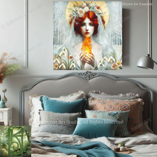 a bedroom setting with a large painting of a woman with red hair and a white veil hanging on the wall above a bed with a gray headboard.