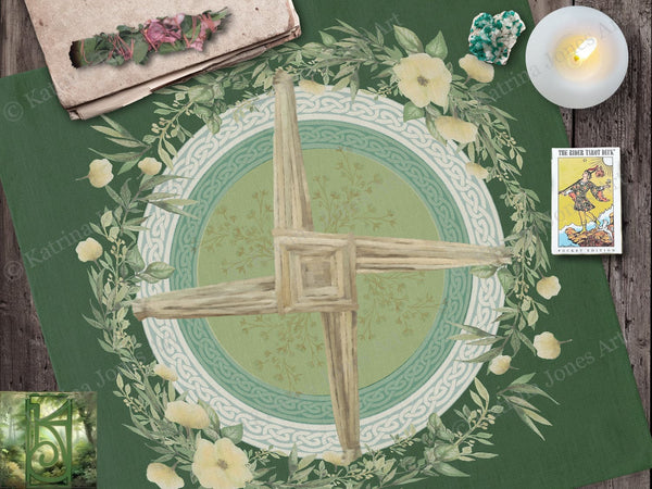 Altar Cloth - Imbolc Tarot Spring Green Brigid Cross Decor 22X22 Inch Twill Square