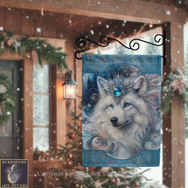 A large blue flag with a white wolf's face on it, hanging on a metal bracket in front of a wooden structure with Christmas decorations.