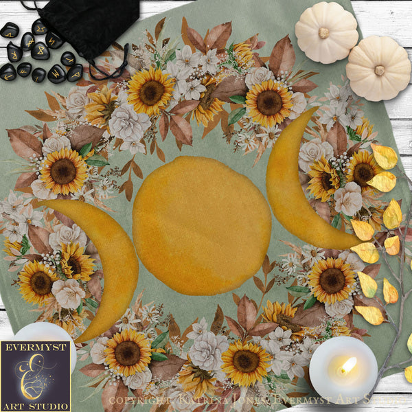 The image is a collage featuring a wreath of flowers and sunflowers, a yellow fruit, and a candle, all set against a green background.