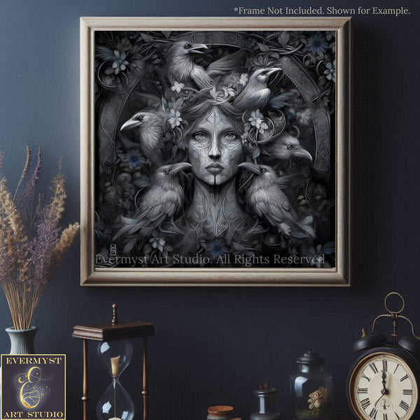 a framed artwork depicting a woman surrounded by a flock of birds, with intricate details and a dark, moody aesthetic.