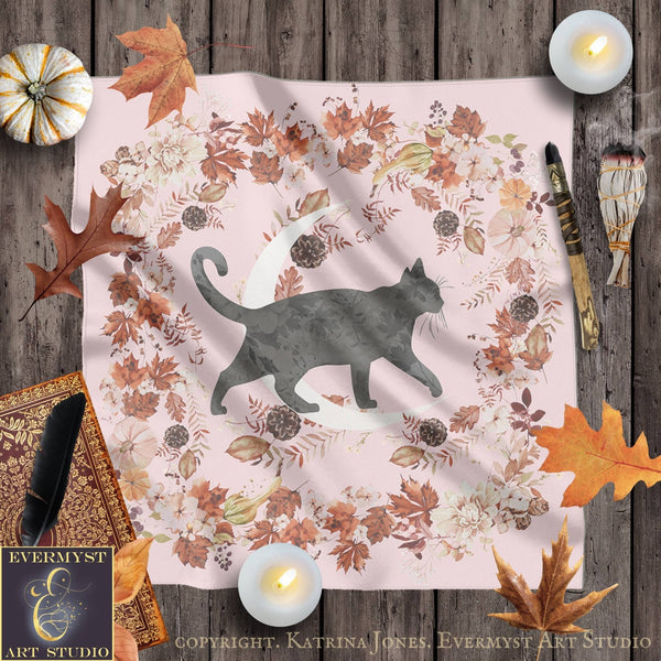 a cat silhouette against a floral background, surrounded by autumn leaves, candles, and other autumn-themed items.