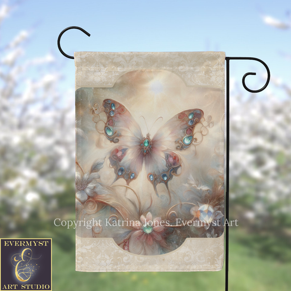 A decorative butterfly garden flag with a floral design and a butterfly with colorful jewels on its wings.