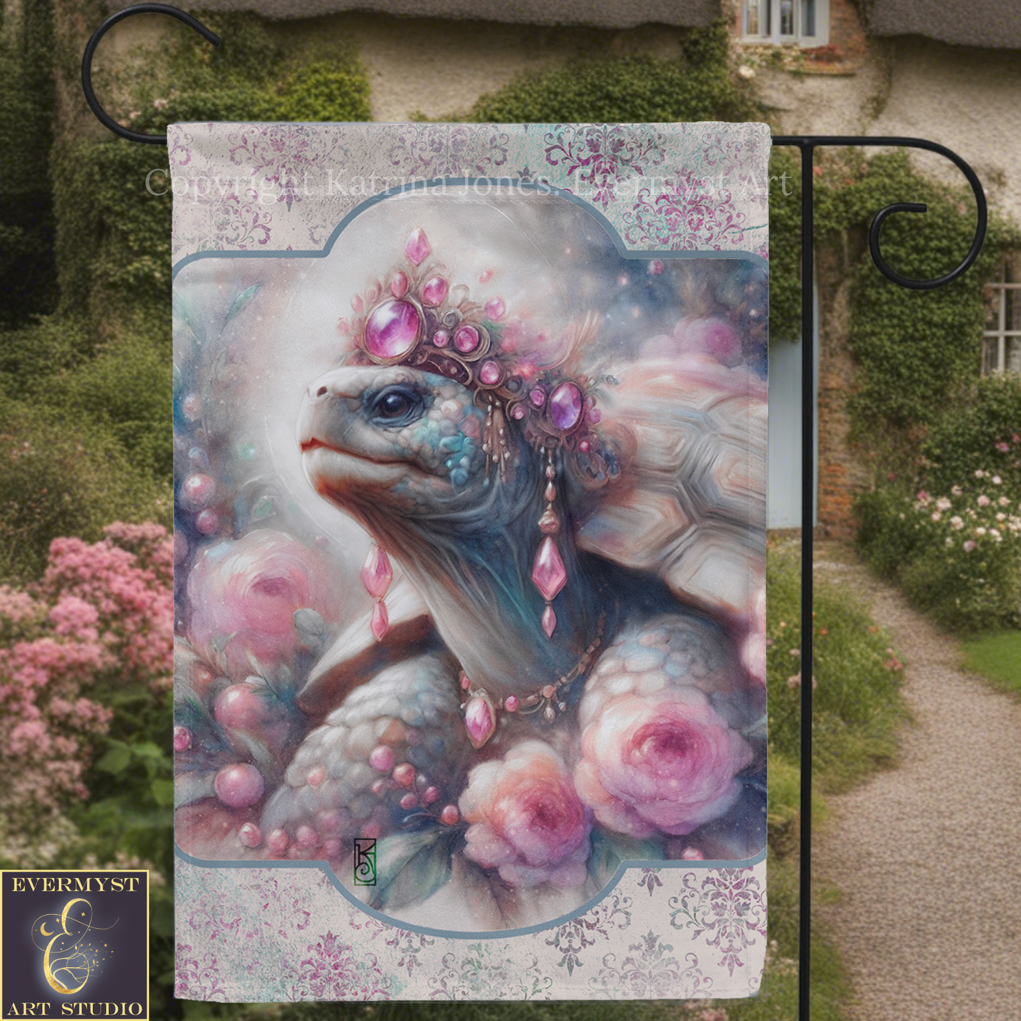 a large, detailed painting of a turtle with a crown of jewels and flowers adorning its head.