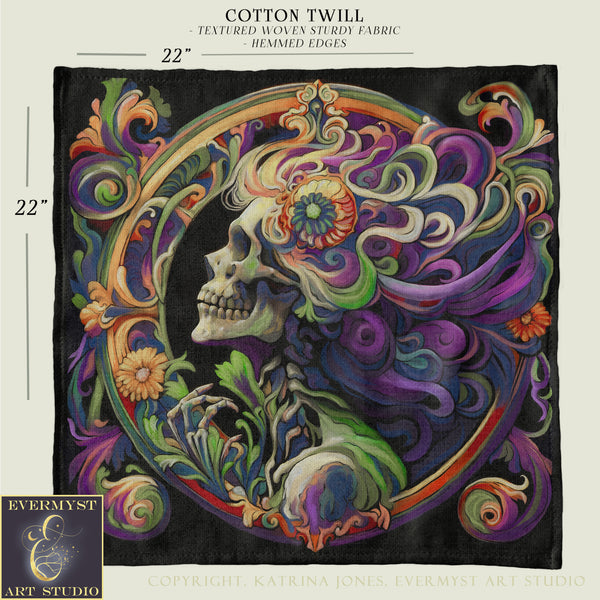 The image is a vibrant and intricate artwork featuring a stylized skull surrounded by a colorful, ornate border. The artwork is described as a "Cotton Twill" with textured woven sturdy fabric, and it has a 22-inch size. The image is a part of a larger collection, as indicated by the copyright notice from Evermsti Art Studio.
