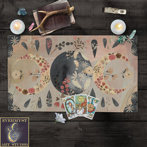 Celestial Altar Cloth - Boho Tarot And Moon Stars Design With Flower Accents Rec