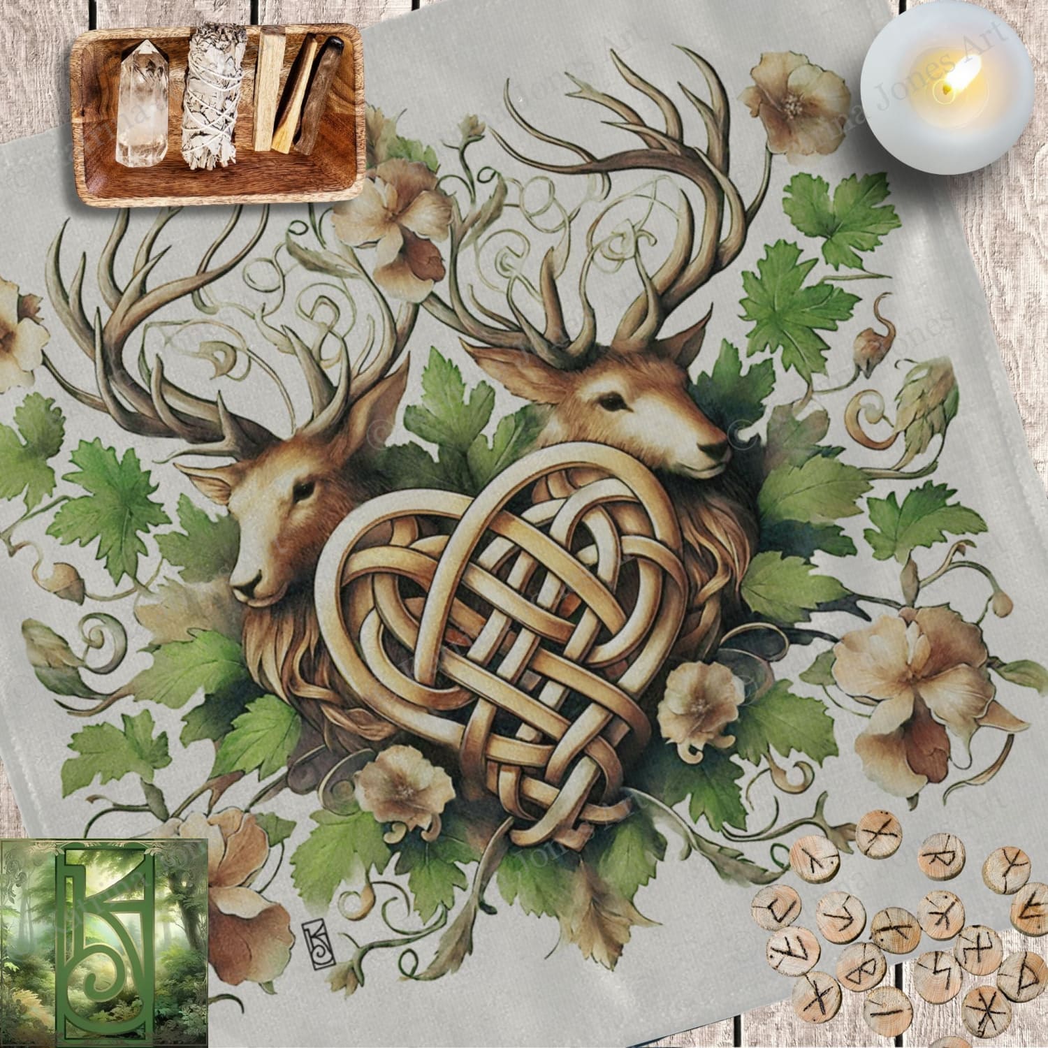 a picture of a table with a deer and a heart on it