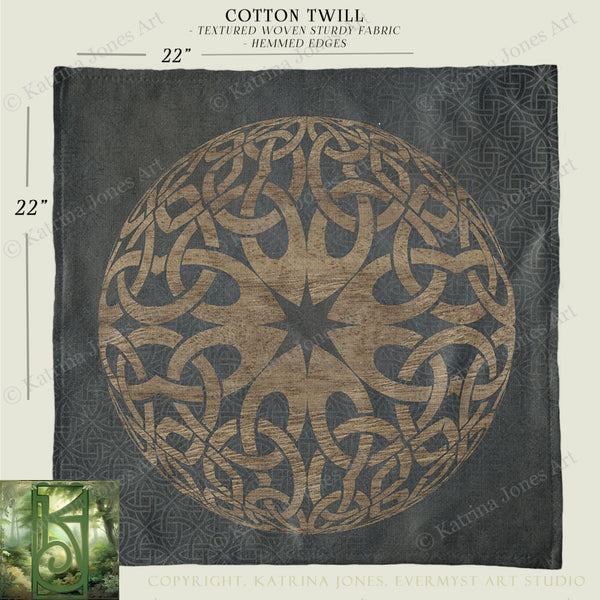 a large, intricate design of a circular pattern with a star at the center, set against a dark background. The design appears to be a textile or fabric with a textured, woven texture. The image is described as a "Cotton Twill" with "Textured Woven Sturdy Fabric" and "HEMMED EDGES" printed on it, indicating that it is a high-quality, handcrafted textile product.