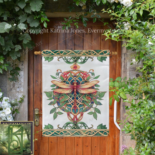 Celtic Dragonfly Garden Flag - Summer Dragonfly Flowers Yard Banner