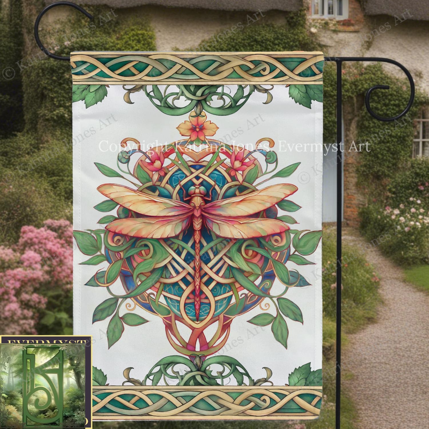 Celtic Dragonfly Garden Flag - Summer Dragonfly Flowers Yard Banner