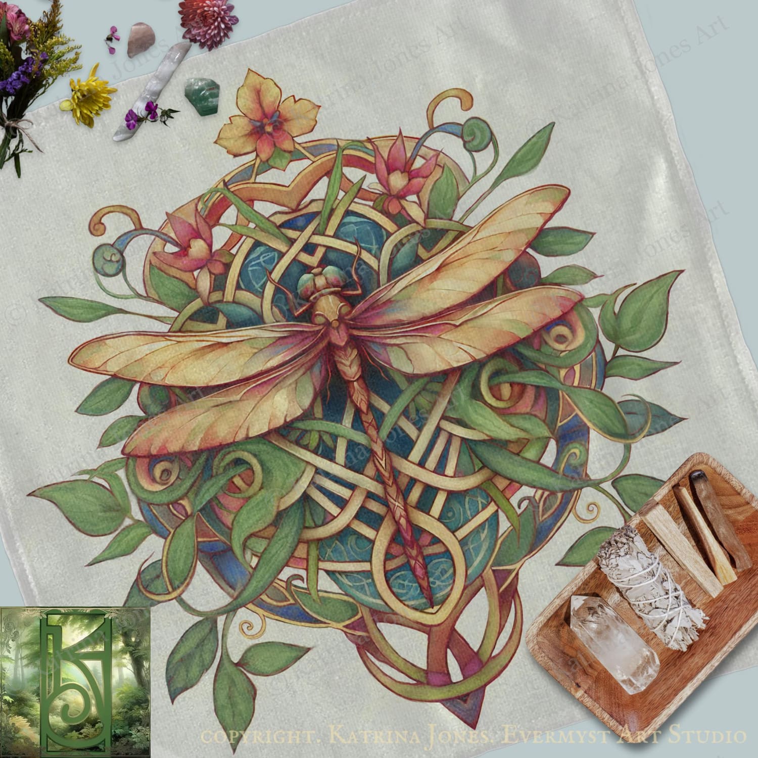 Celtic Dragonfly Altar Cloth or Tarot Mat - Beltane Litha Summer Dragonfly Colorful Altar Tarot Witch Decor