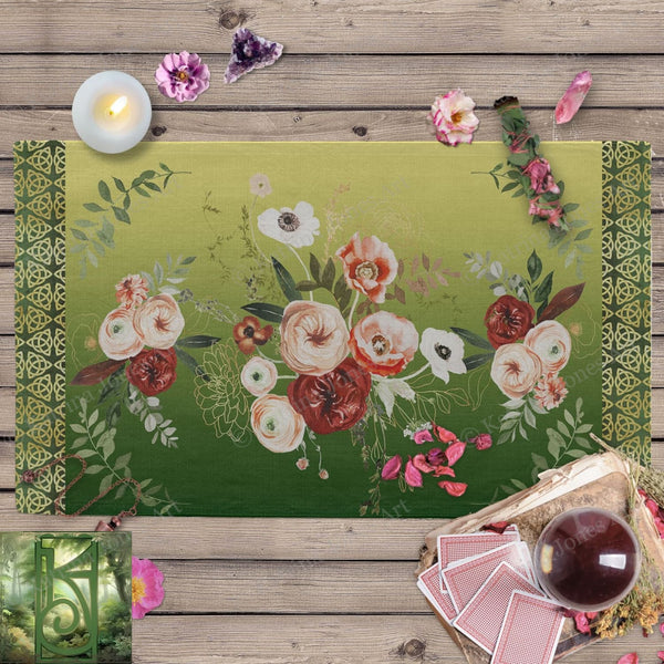 a place mat with flowers on a wooden table