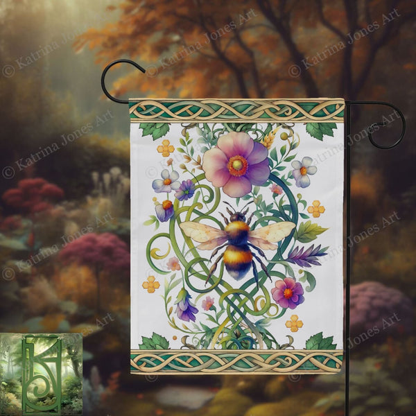 a painting of a bee and flowers on a white background