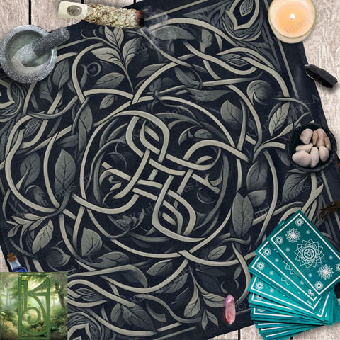 a table topped with cards and candles on top of a table