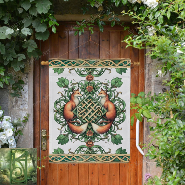 a door with a picture of two foxes on it