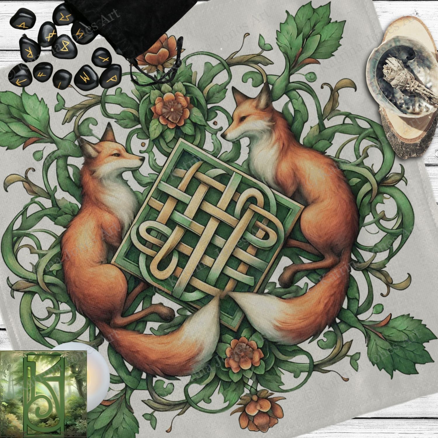 a painting of two foxes on a table with a candle