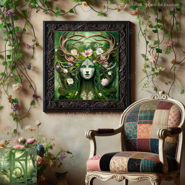a framed artwork of a woman with a green, floral headdress, surrounded by a lush, natural environment. The artwork is displayed on a wall, with a patchwork chair positioned in front of it.