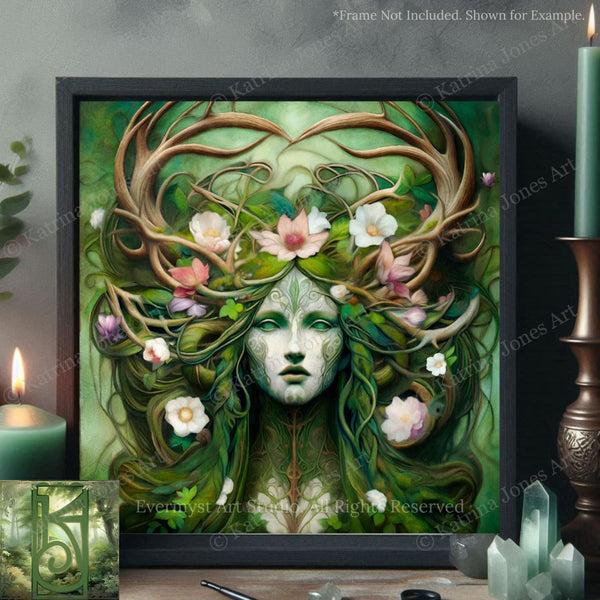 The image is a framed artwork depicting a woman with a green face surrounded by flowers and plants.