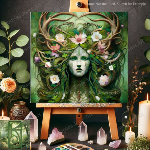 a painting of a woman with a green face surrounded by flowers and plants, displayed on an easel. The painting is set against a dark background, with various crystals and candles arranged around it.