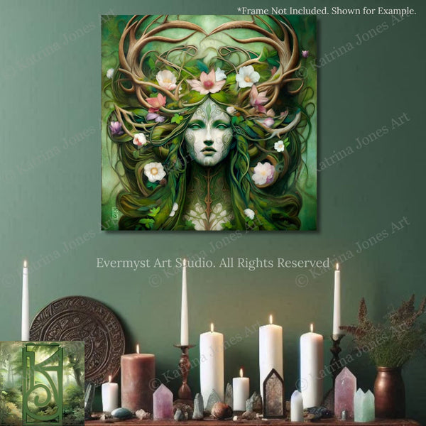 The image is a framed artwork depicting a woman with a green, floral headdress and long hair, surrounded by flowers and candles.