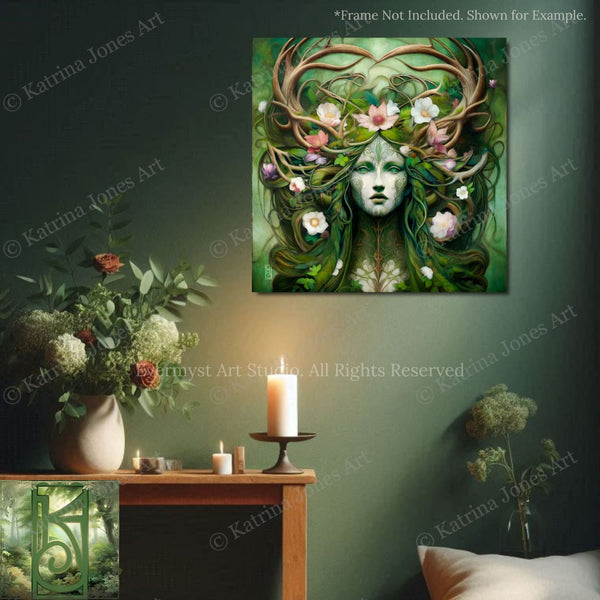 a large, colorful painting of a woman with a floral headdress, displayed on a wall above a wooden table with a vase of flowers and candles.