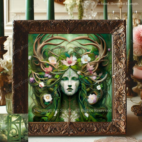 The image is a framed artwork depicting a woman with a green, floral headdress and a white face, surrounded by flowers and leaves.