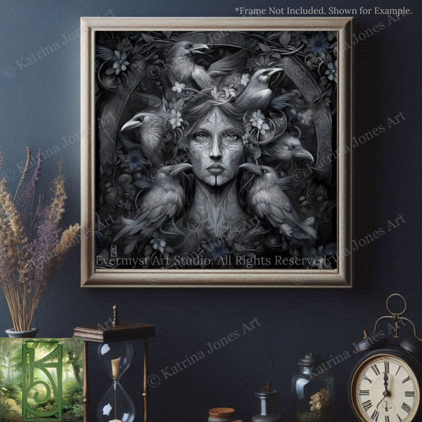 a framed artwork depicting a woman surrounded by a flock of birds, with intricate details and a dark, moody aesthetic.