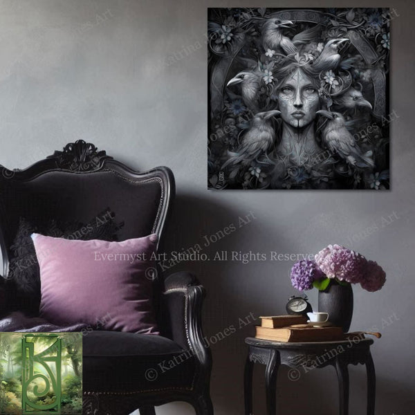 a black armchair with a pink pillow, a small side table with a vase of purple flowers, and a framed artwork depicting a woman with a bird-like headdress.